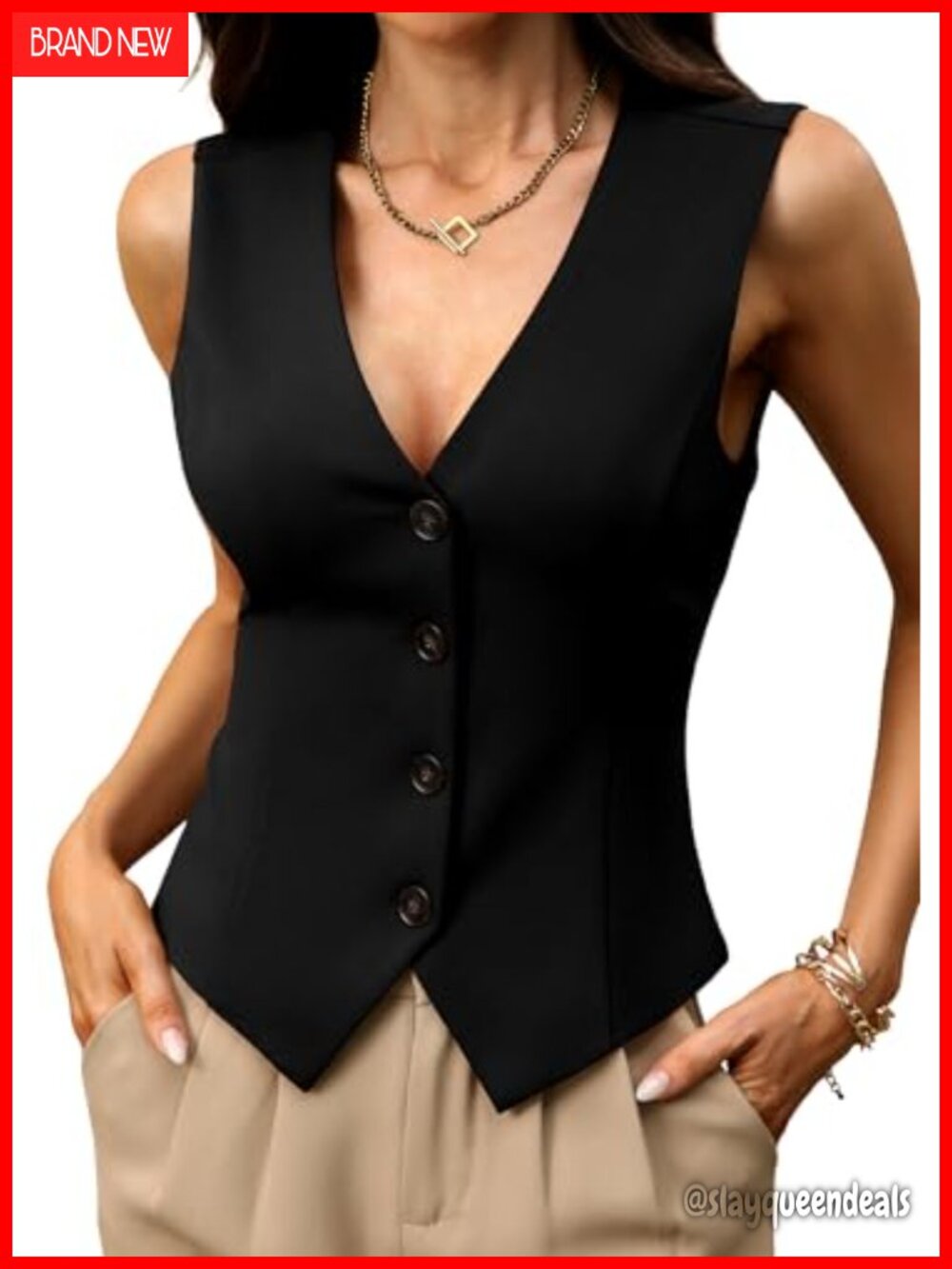 High Stretchy Knit Vest Top Sleeveless Button V-Neck Business Casual